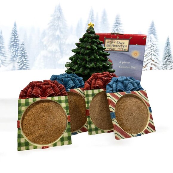 Over The Housetops Other - Susan Winget 4 Coaster Set w/ Christmas Tree Holder Ceramic Hand Painted Vintage